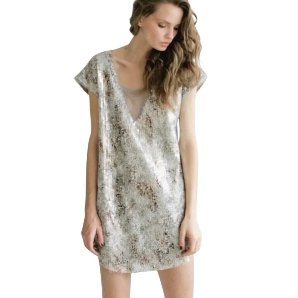 Free People Midnight Dreamer Metallic Sequin Tunic Silver Size XS Glam Wedding